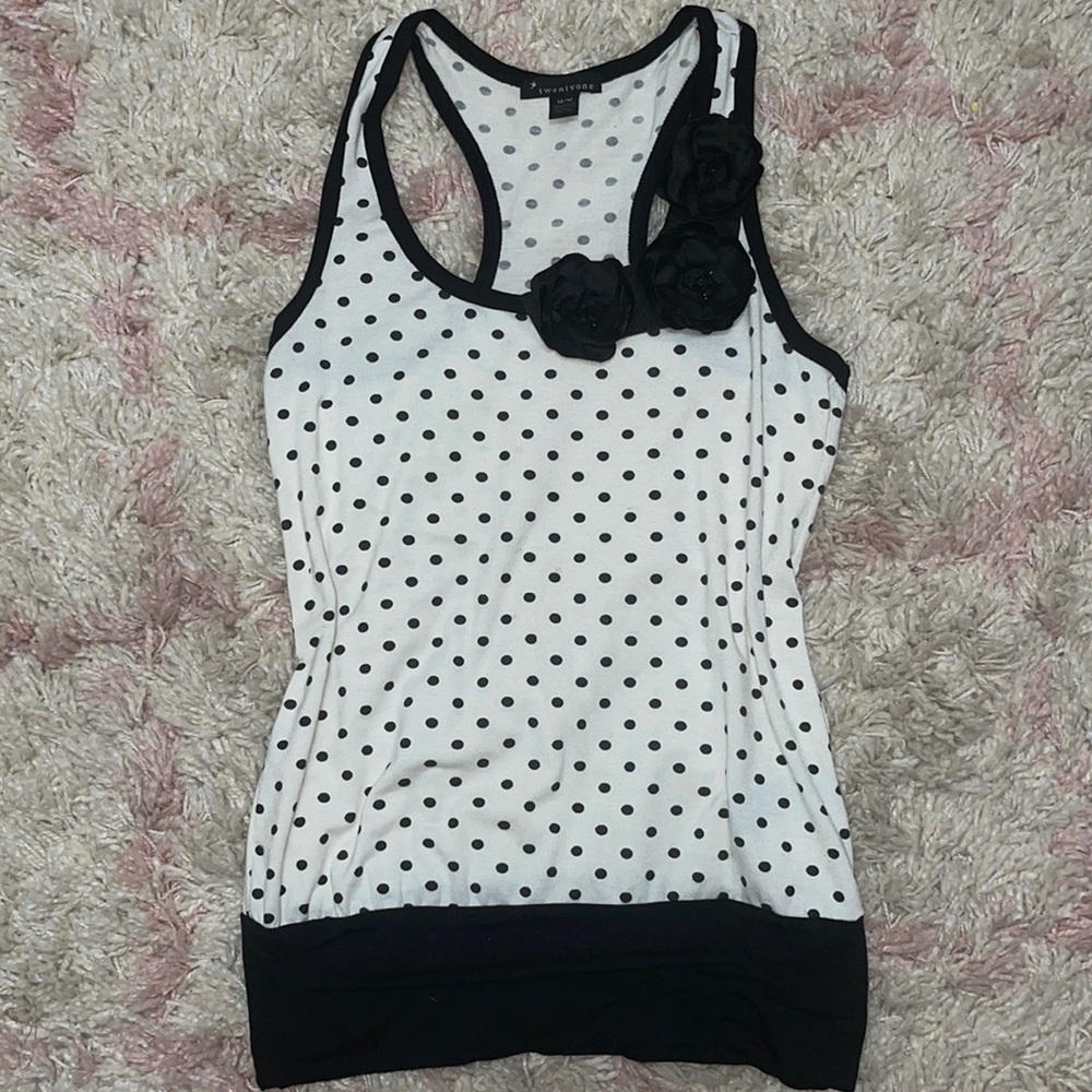Black and white tank with floral detail